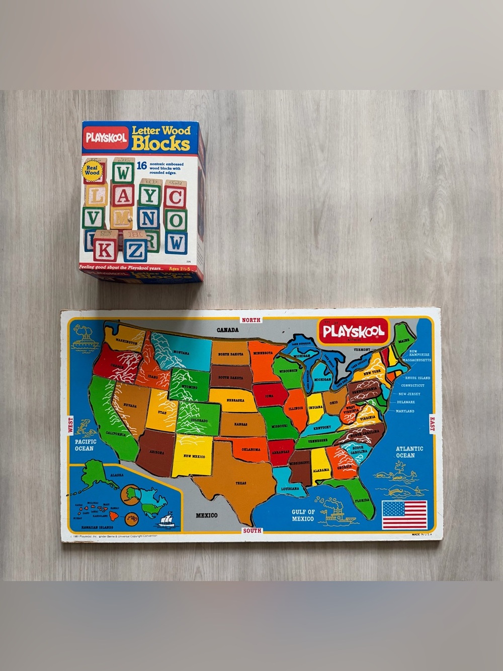 Vintage 80s Playskool US Puzzle And 16 Letter Wood Blocks
